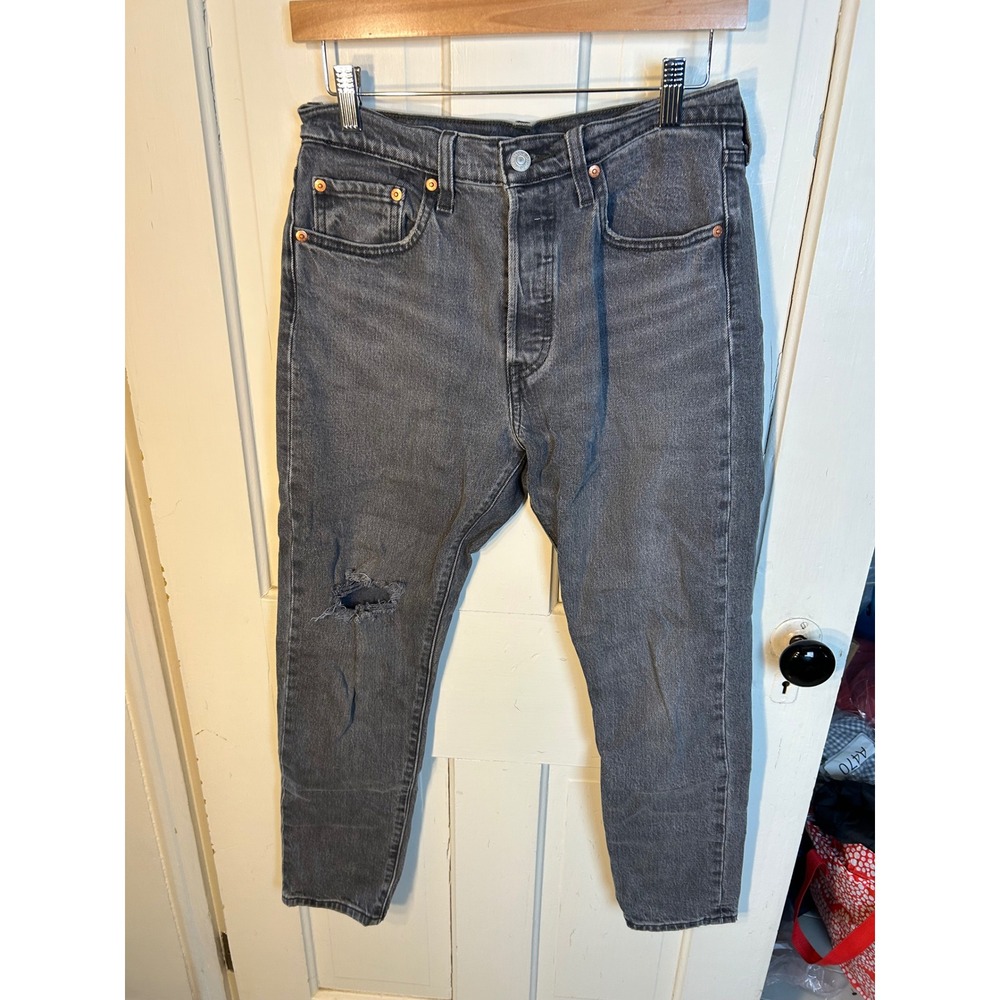 Levis Premium 501 Skinny Jeans Womens 28x28 Washed Black Distressed Button Fly